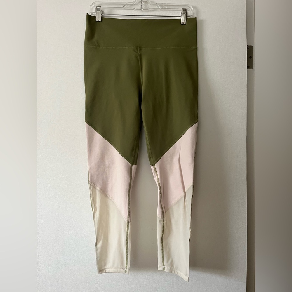 Women’s Fabletics Olive, Pink and Cream Colorblock Leggings - Lg